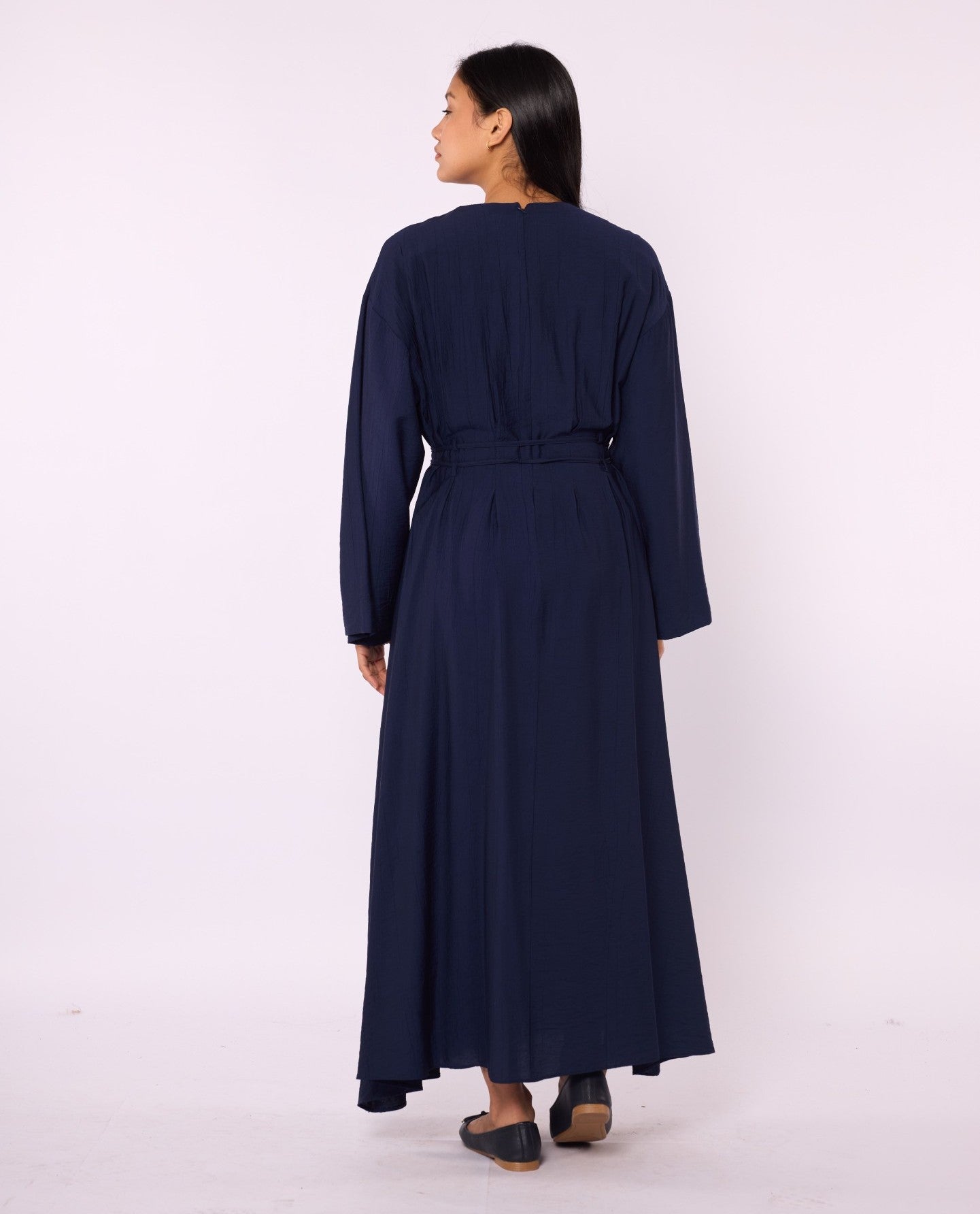 Pleated Long Dress with Waist Tie Detail