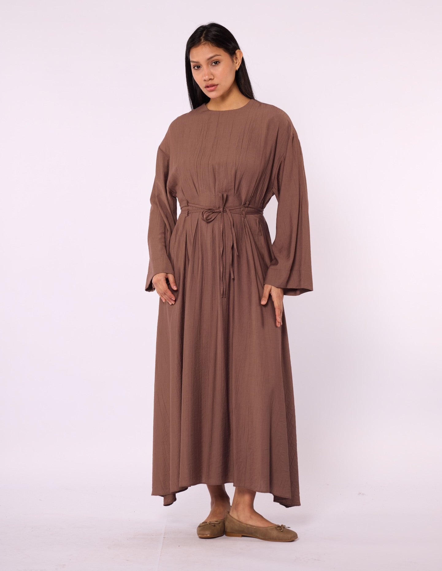 Pleated Long Dress with Waist Tie Detail