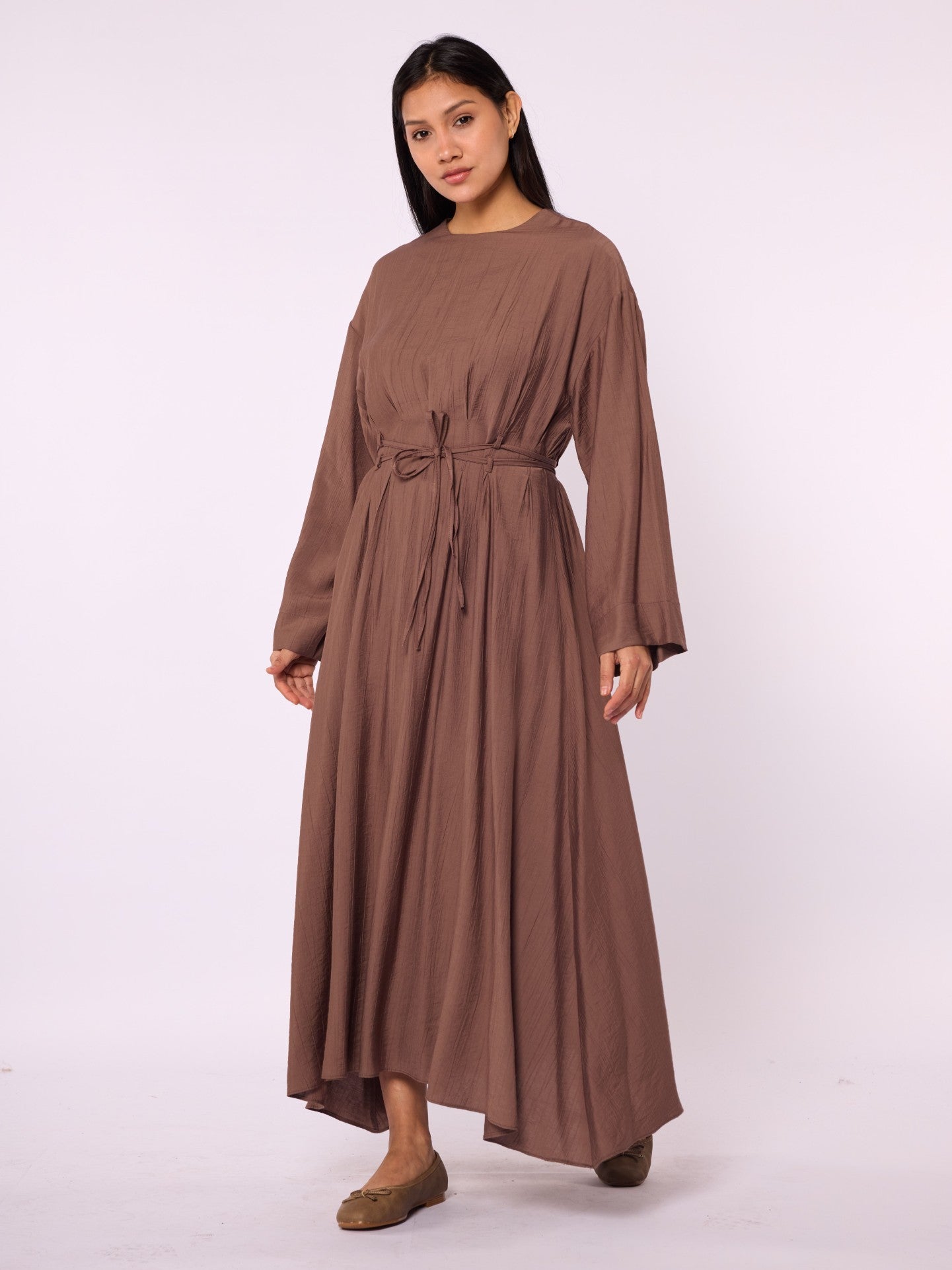 Pleated Long Dress with Waist Tie Detail