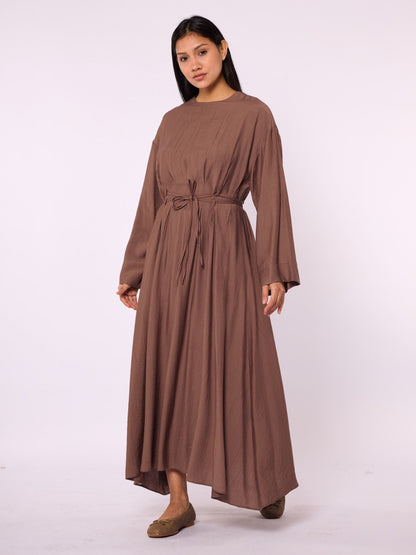 Pleated Long Dress with Waist Tie Detail