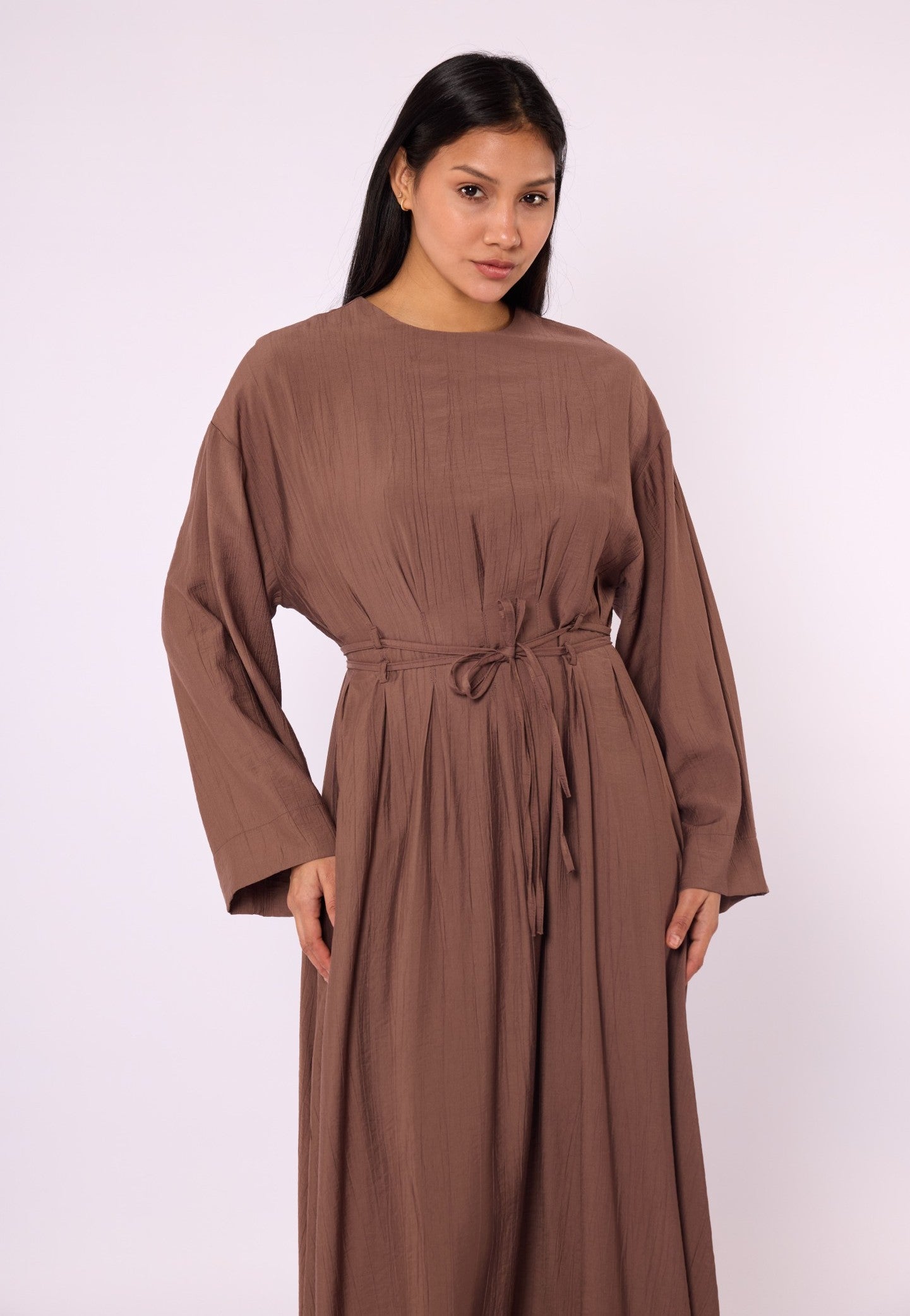 Pleated Long Dress with Waist Tie Detail