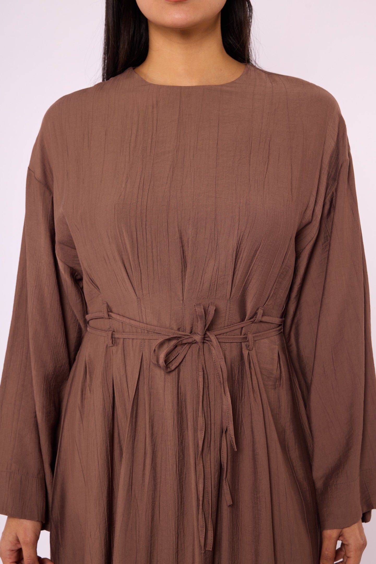 Pleated Long Dress with Waist Tie Detail