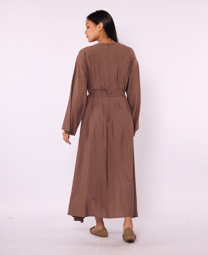 Pleated Long Dress with Waist Tie Detail