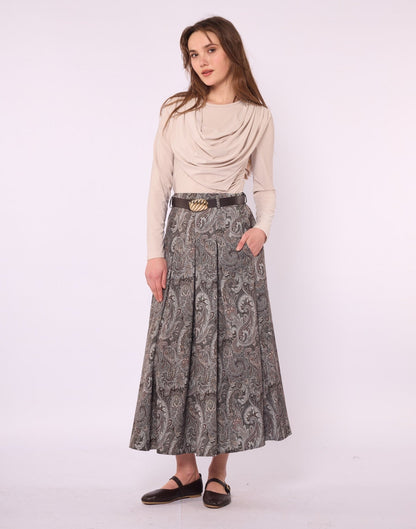 Pleated Skirt with Gold Belt Detail and Paisley Pattern