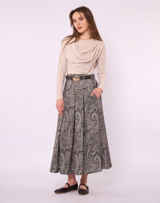 Pleated Skirt with Gold Belt Detail and Paisley Pattern
