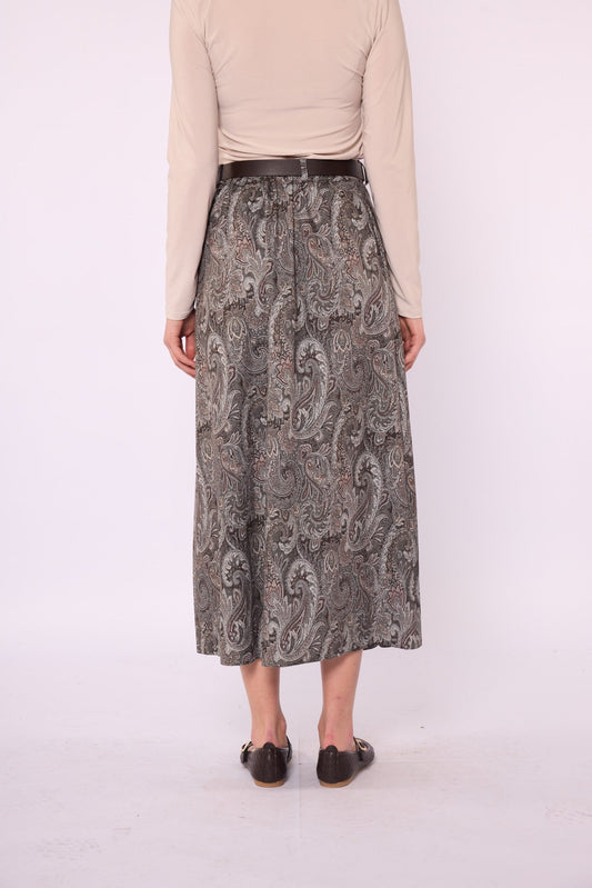 Pleated Skirt with Gold Belt Detail and Paisley Pattern