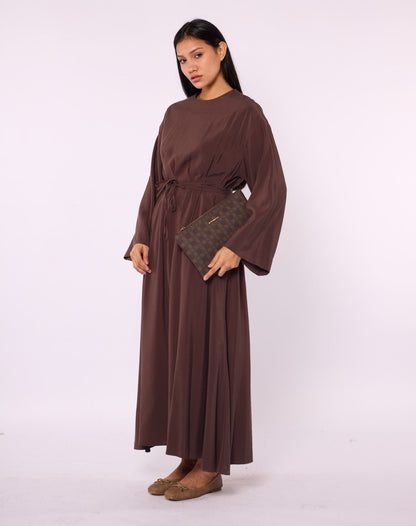 Pleated Long Dress with Waist Tie Detail