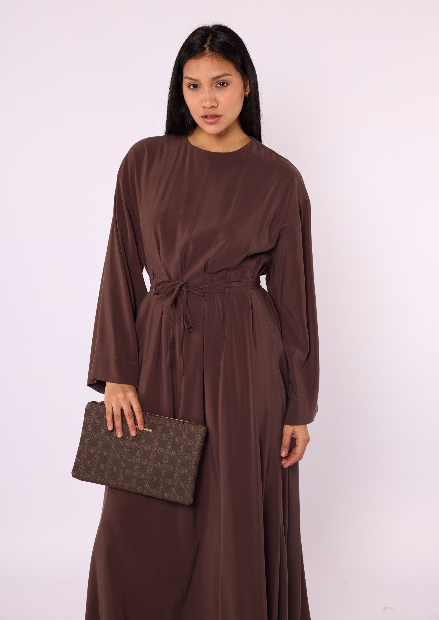 Pleated Long Dress with Waist Tie Detail
