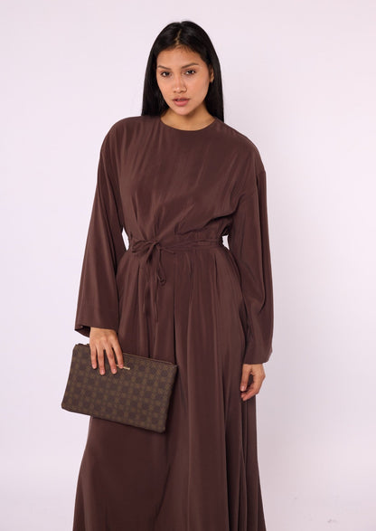 Pleated Long Dress with Waist Tie Detail