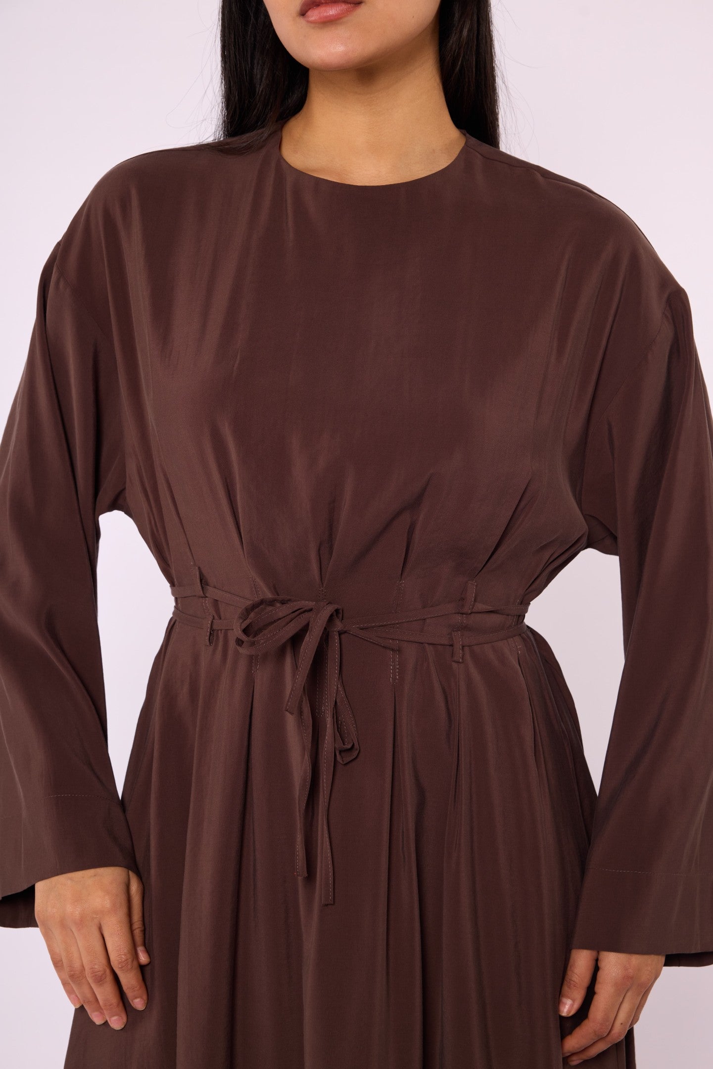 Pleated Long Dress with Waist Tie Detail