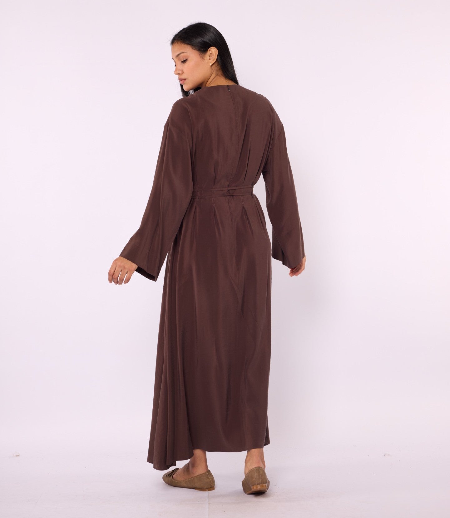 Pleated Long Dress with Waist Tie Detail