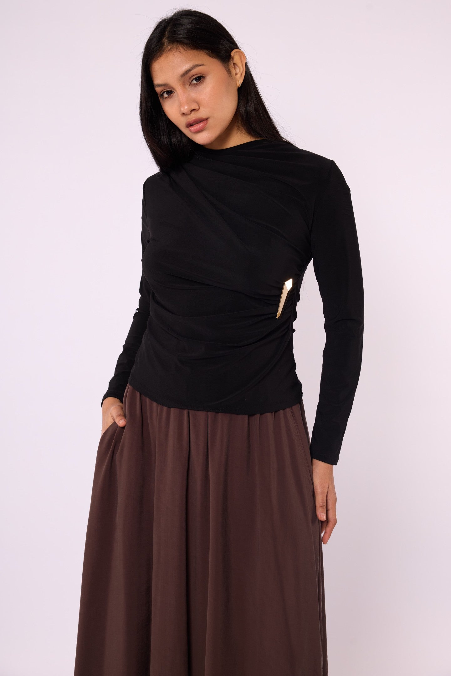 Ruched Blouse with Gold Buckle Detail