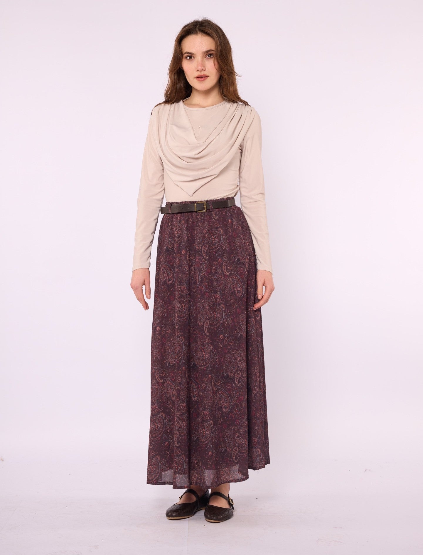 Paisley Patterned Chiffon Skirt with Elastic Waist and Belt Detail