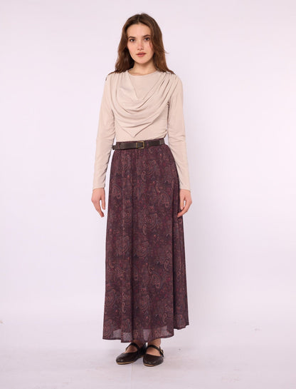 Paisley Patterned Chiffon Skirt with Elastic Waist and Belt Detail
