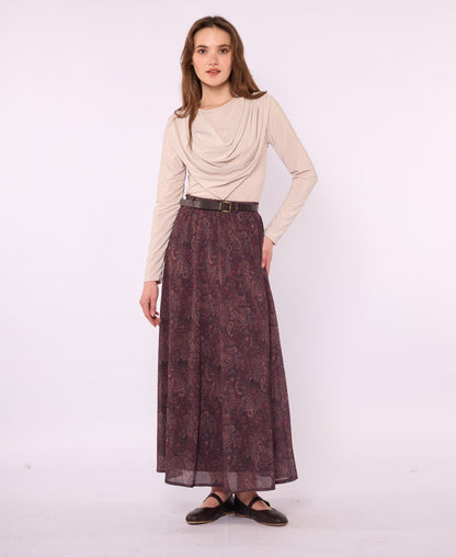 Paisley Patterned Chiffon Skirt with Elastic Waist and Belt Detail