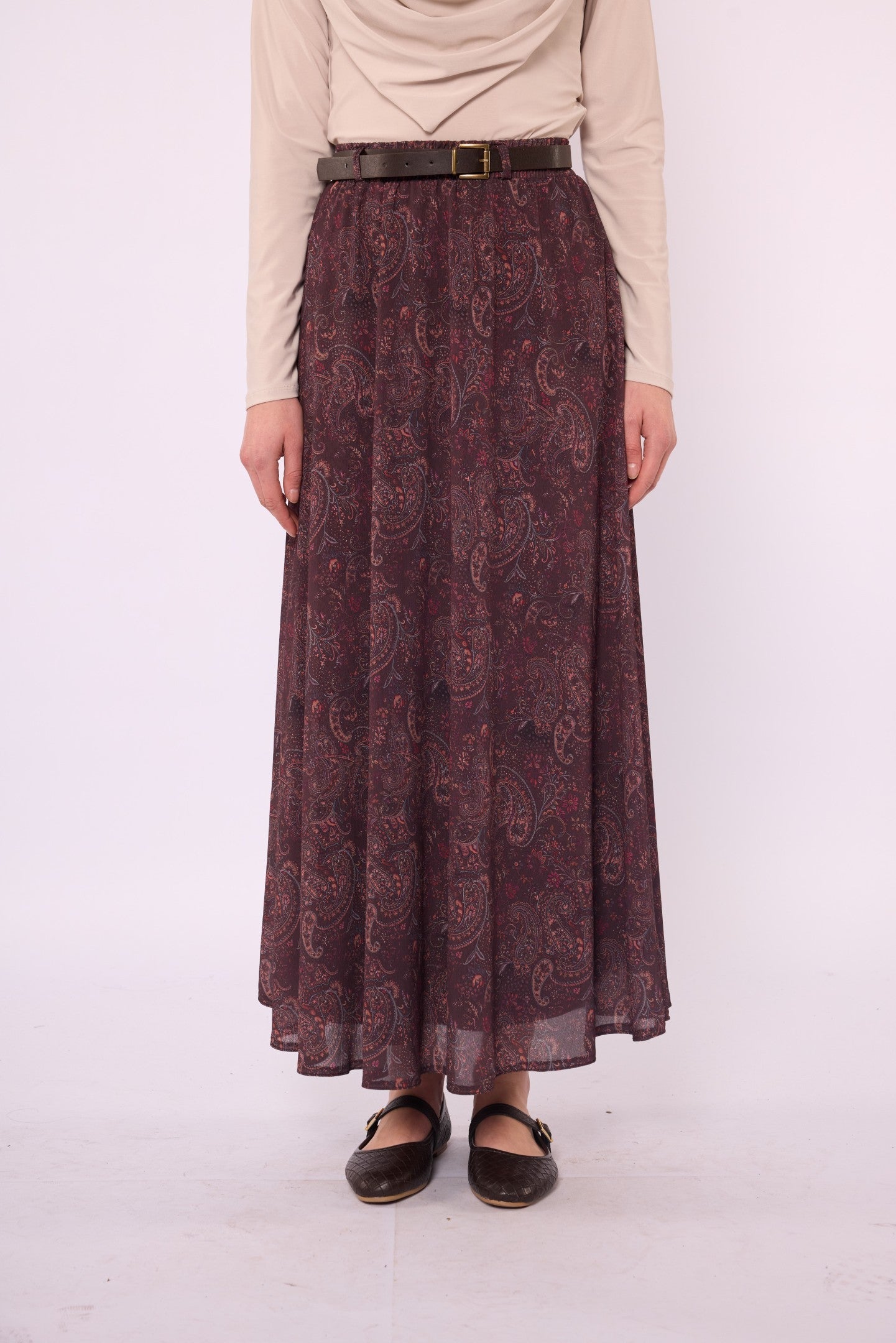 Paisley Patterned Chiffon Skirt with Elastic Waist and Belt Detail