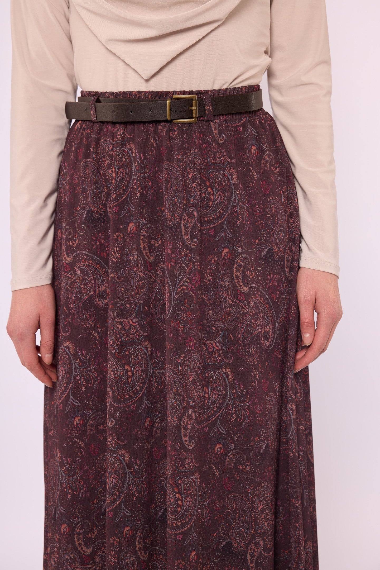 Paisley Patterned Chiffon Skirt with Elastic Waist and Belt Detail