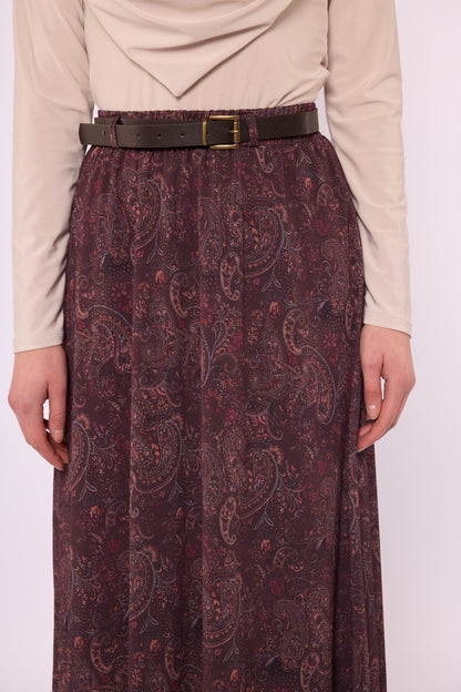 Paisley Patterned Chiffon Skirt with Elastic Waist and Belt Detail