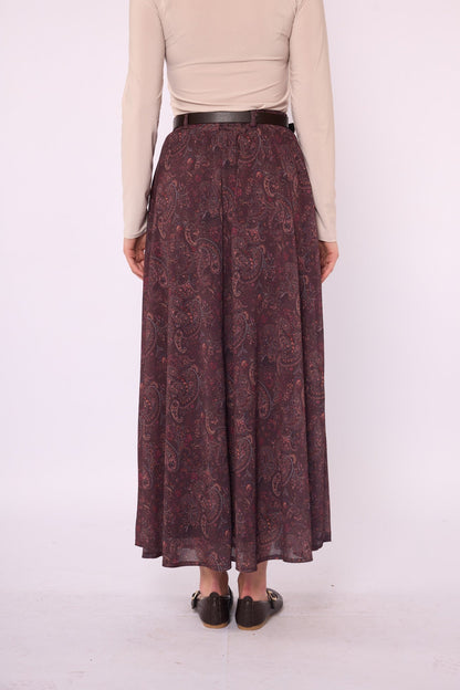 Paisley Patterned Chiffon Skirt with Elastic Waist and Belt Detail