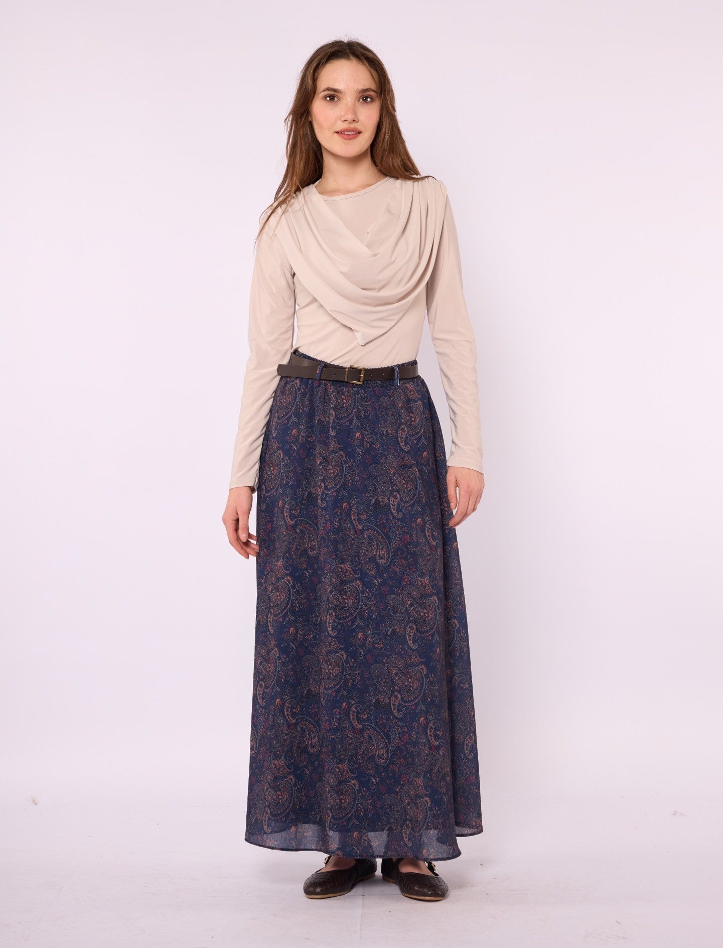 Paisley Patterned Chiffon Skirt with Elastic Waist and Belt Detail