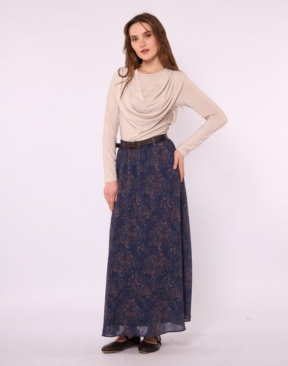 Paisley Patterned Chiffon Skirt with Elastic Waist and Belt Detail