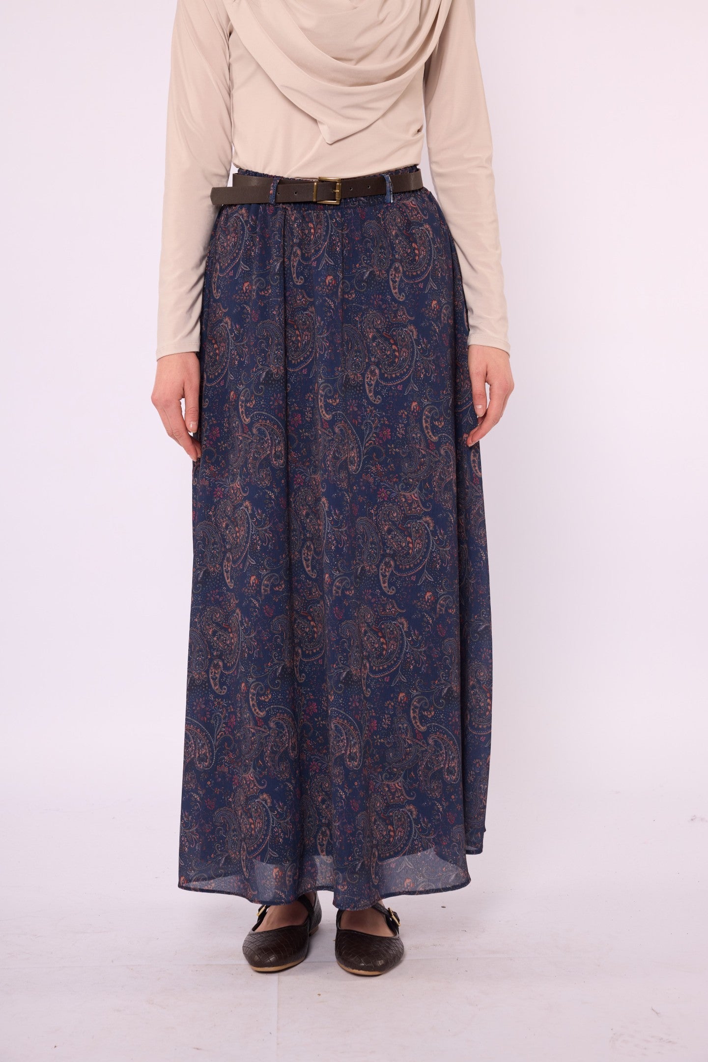 Paisley Patterned Chiffon Skirt with Elastic Waist and Belt Detail