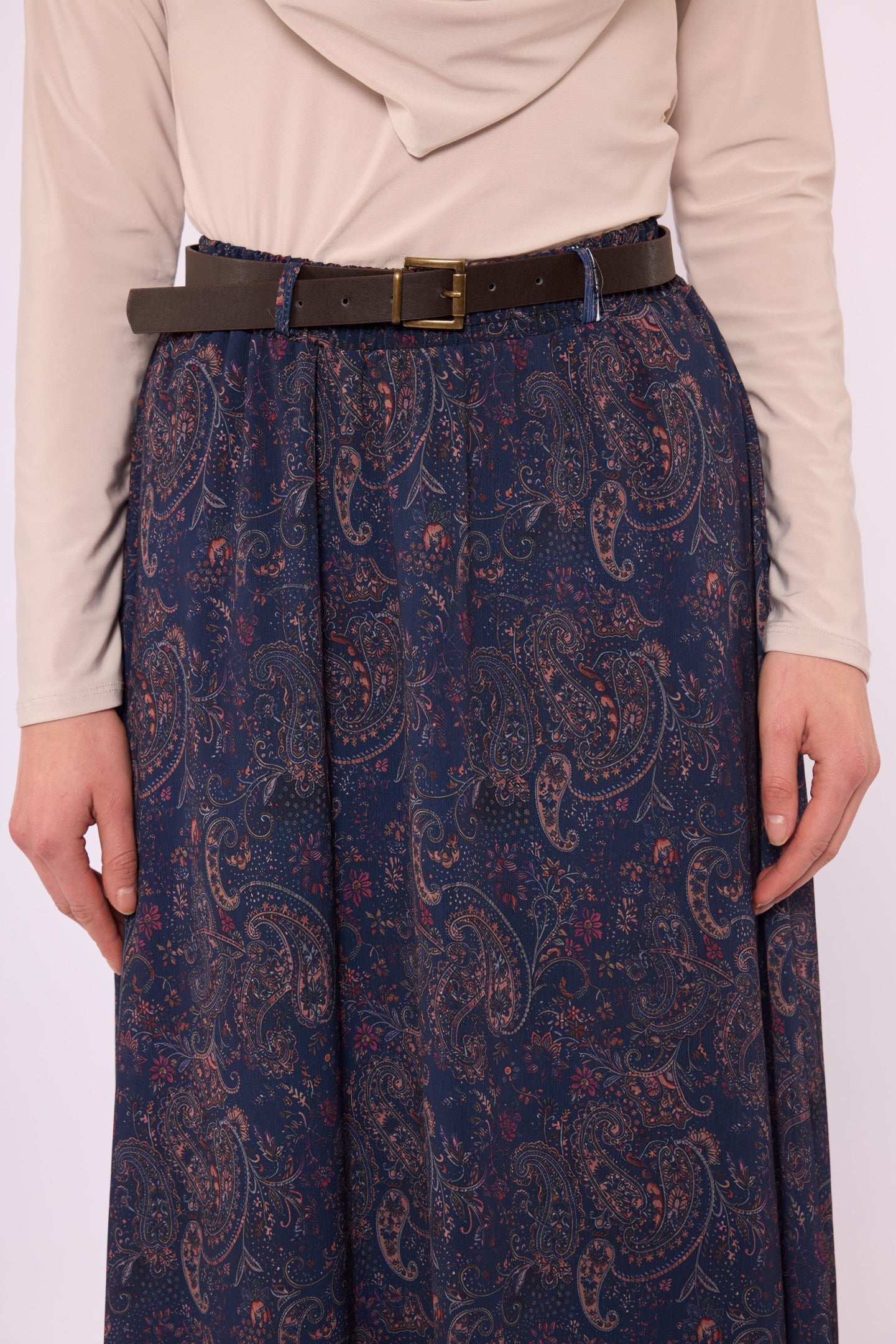 Paisley Patterned Chiffon Skirt with Elastic Waist and Belt Detail