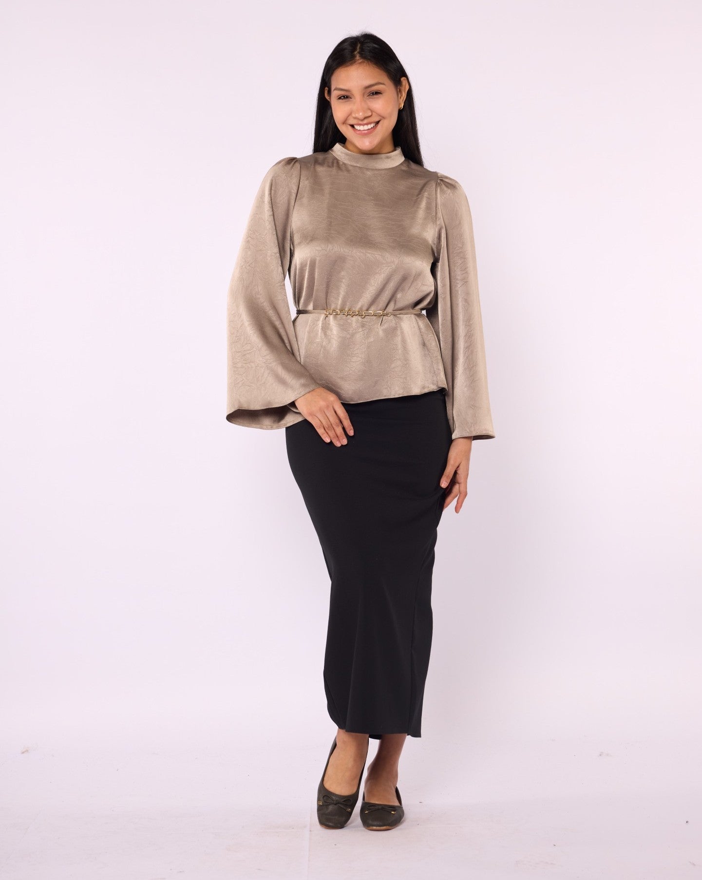 Mandarin Collar Blouse with Waist Tie and Wide Sleeves