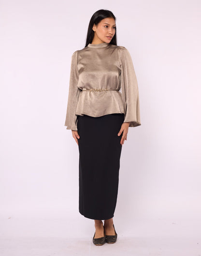 Mandarin Collar Blouse with Waist Tie and Wide Sleeves