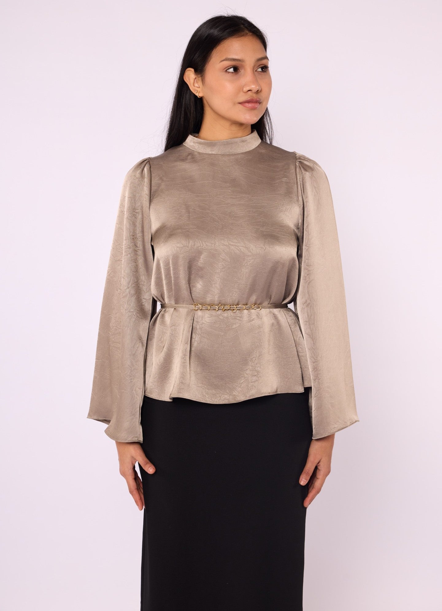 Mandarin Collar Blouse with Waist Tie and Wide Sleeves