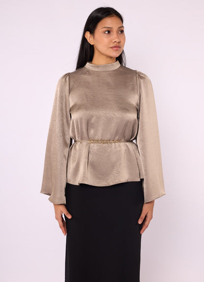 Mandarin Collar Blouse with Waist Tie and Wide Sleeves