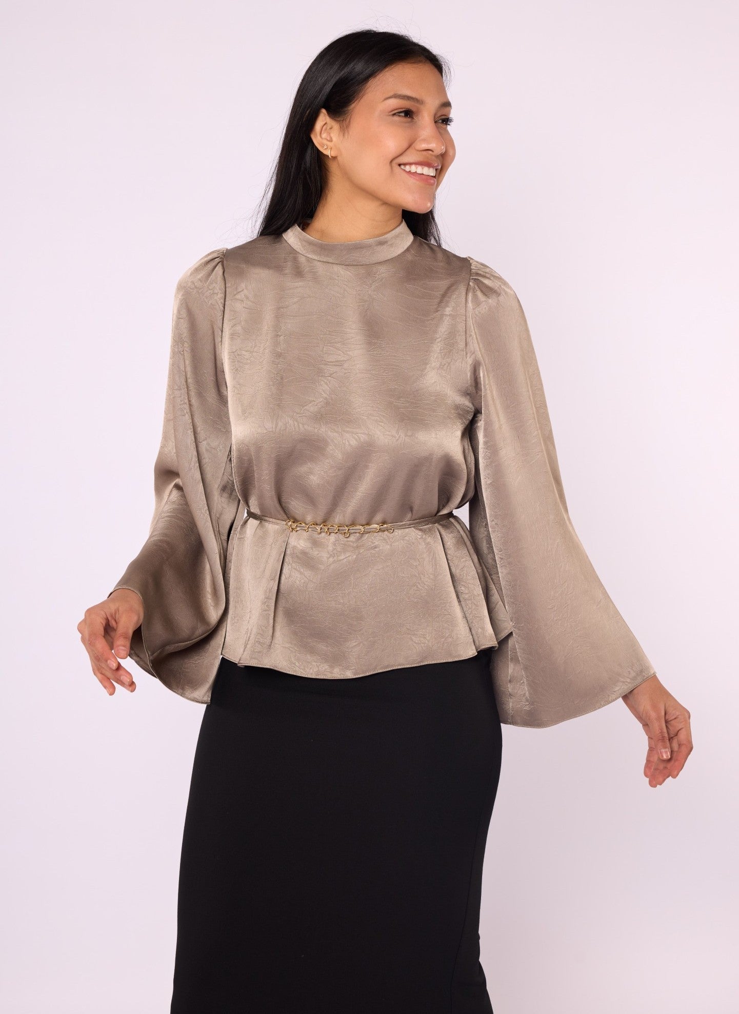 Mandarin Collar Blouse with Waist Tie and Wide Sleeves