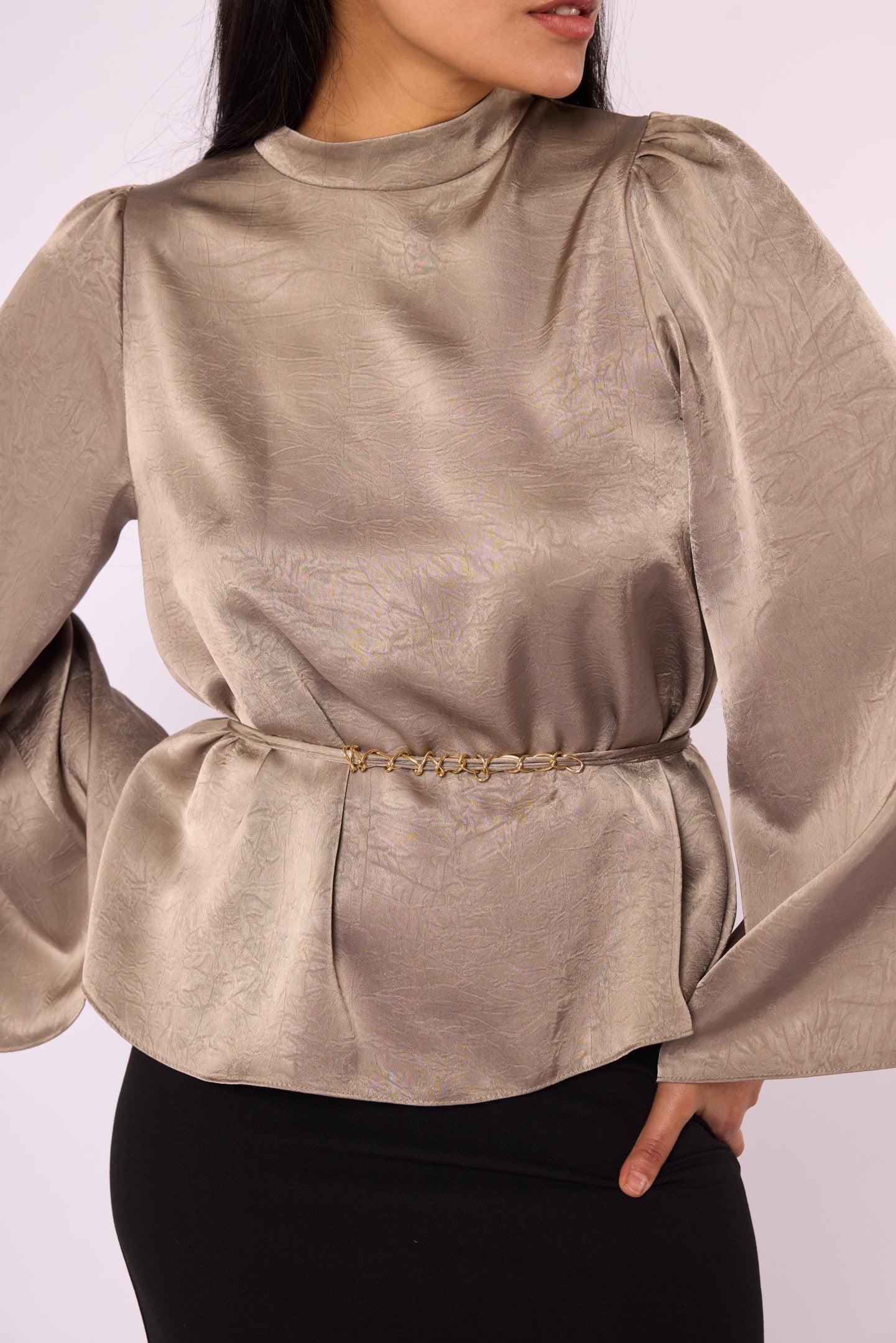 Mandarin Collar Blouse with Waist Tie and Wide Sleeves