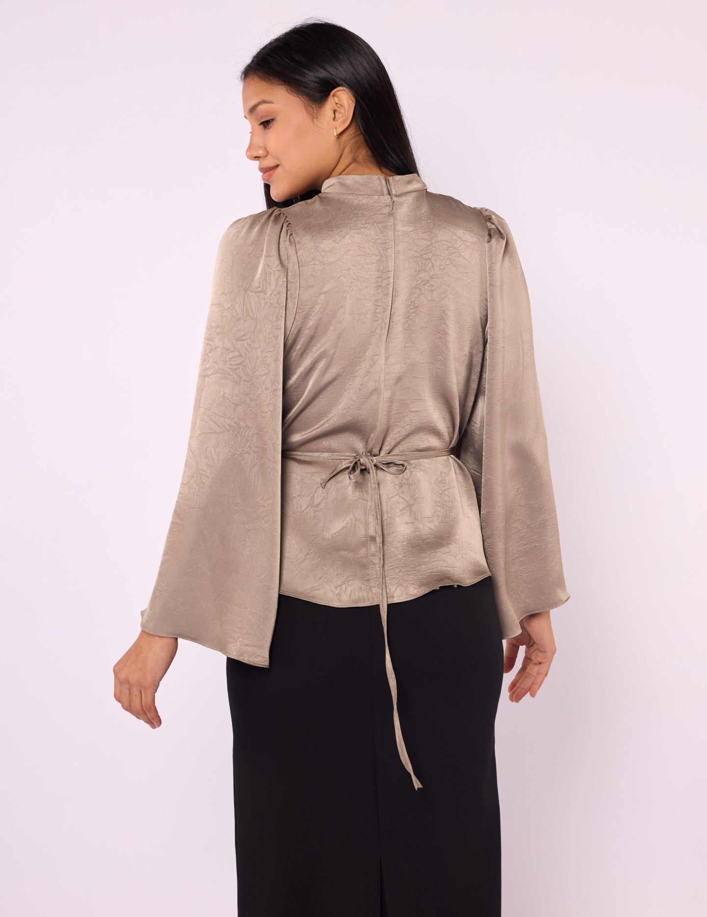 Mandarin Collar Blouse with Waist Tie and Wide Sleeves