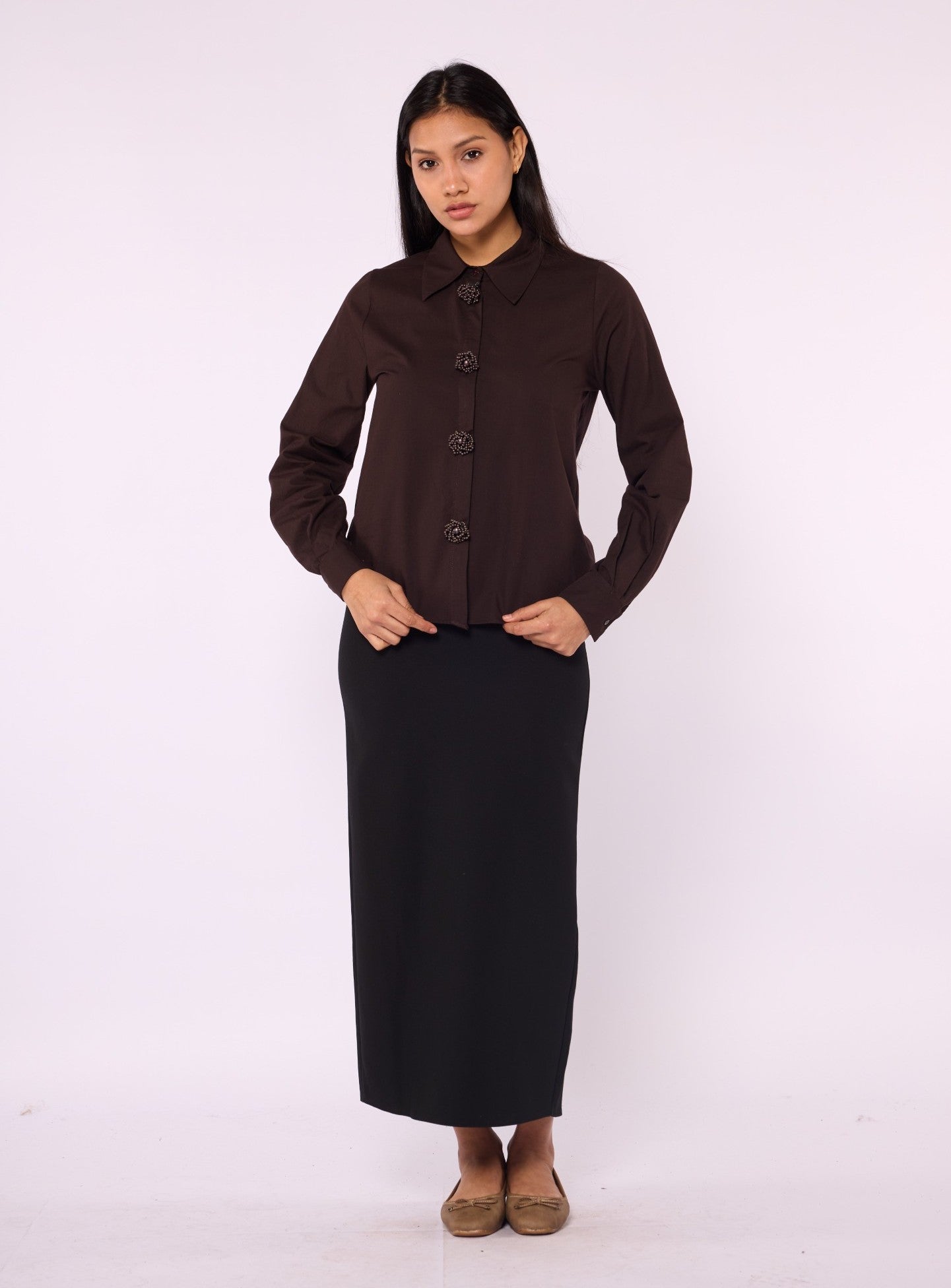 Buttoned Polo Collar Shirt with Pearl Appliqué