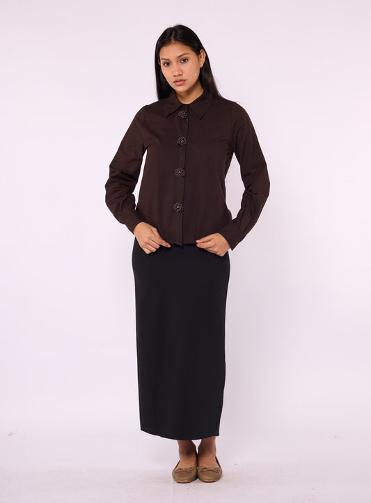 Buttoned Polo Collar Shirt with Pearl Appliqué