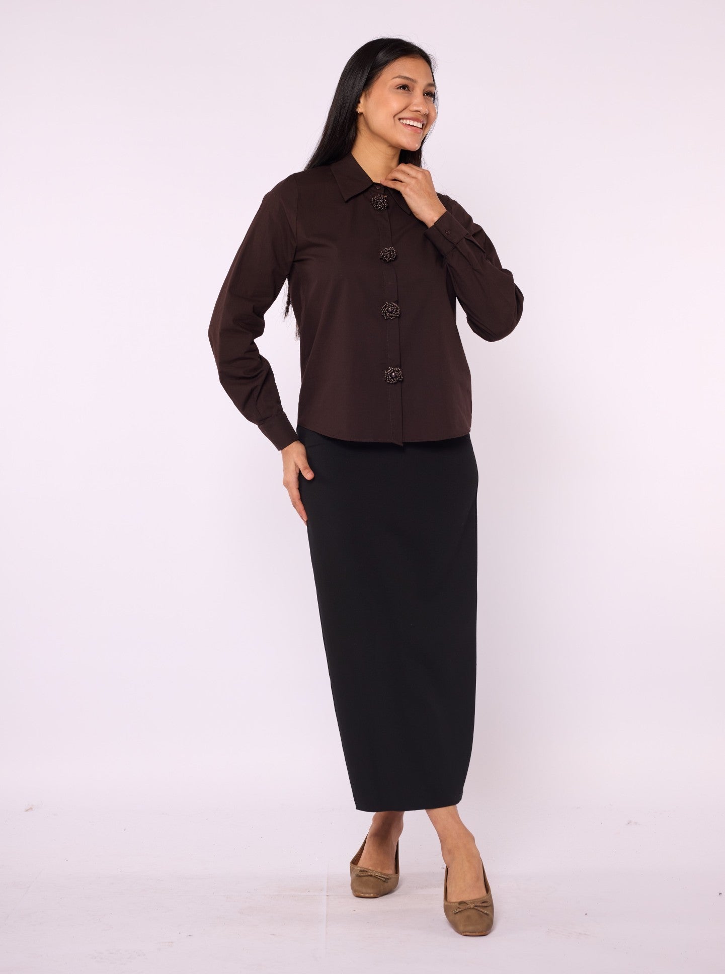Buttoned Polo Collar Shirt with Pearl Appliqué