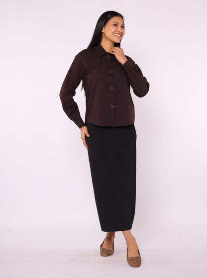 Buttoned Polo Collar Shirt with Pearl Appliqué