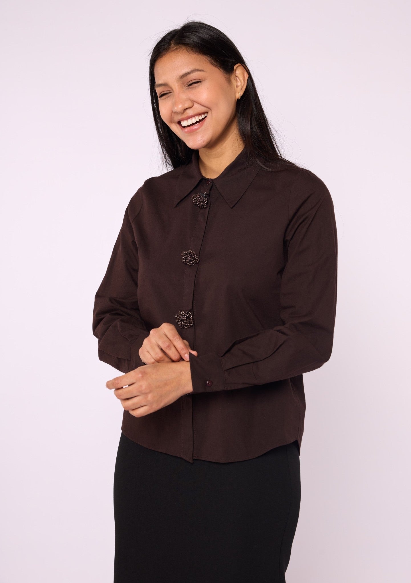 Buttoned Polo Collar Shirt with Pearl Appliqué