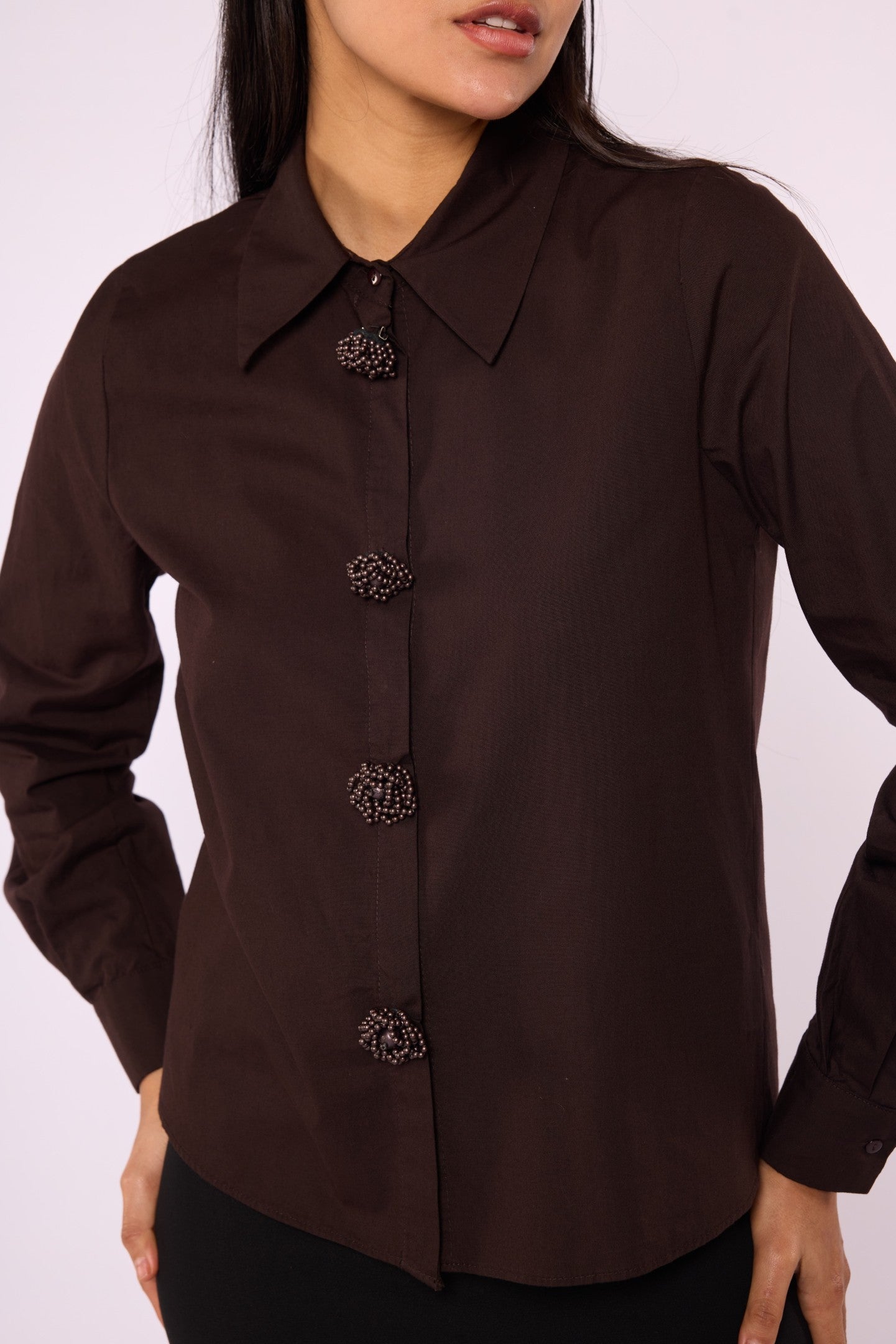 Buttoned Polo Collar Shirt with Pearl Appliqué