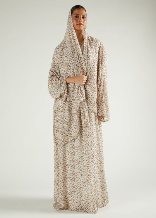 Cream Floral Prayer Abaya & Hijab