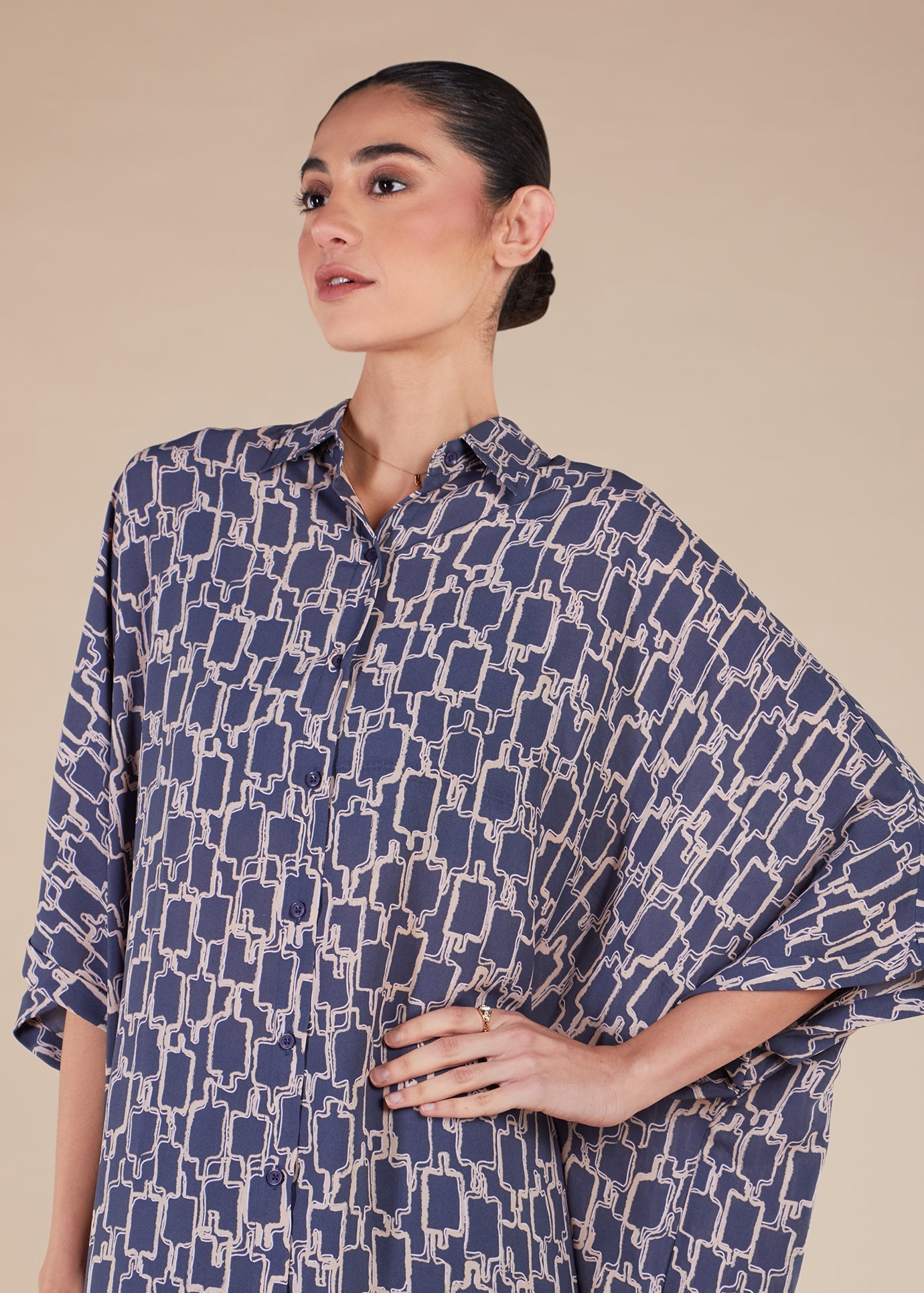 Blue Print Shirted Kaftan - Final Sale