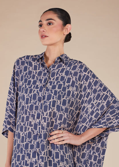 Blue Print Shirted Kaftan - Final Sale