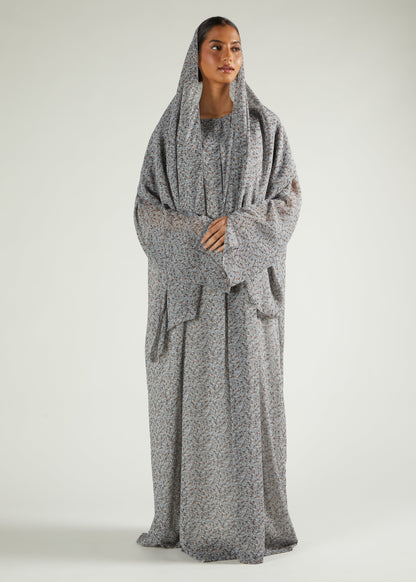 Grey Floral Prayer Abaya & Hijab