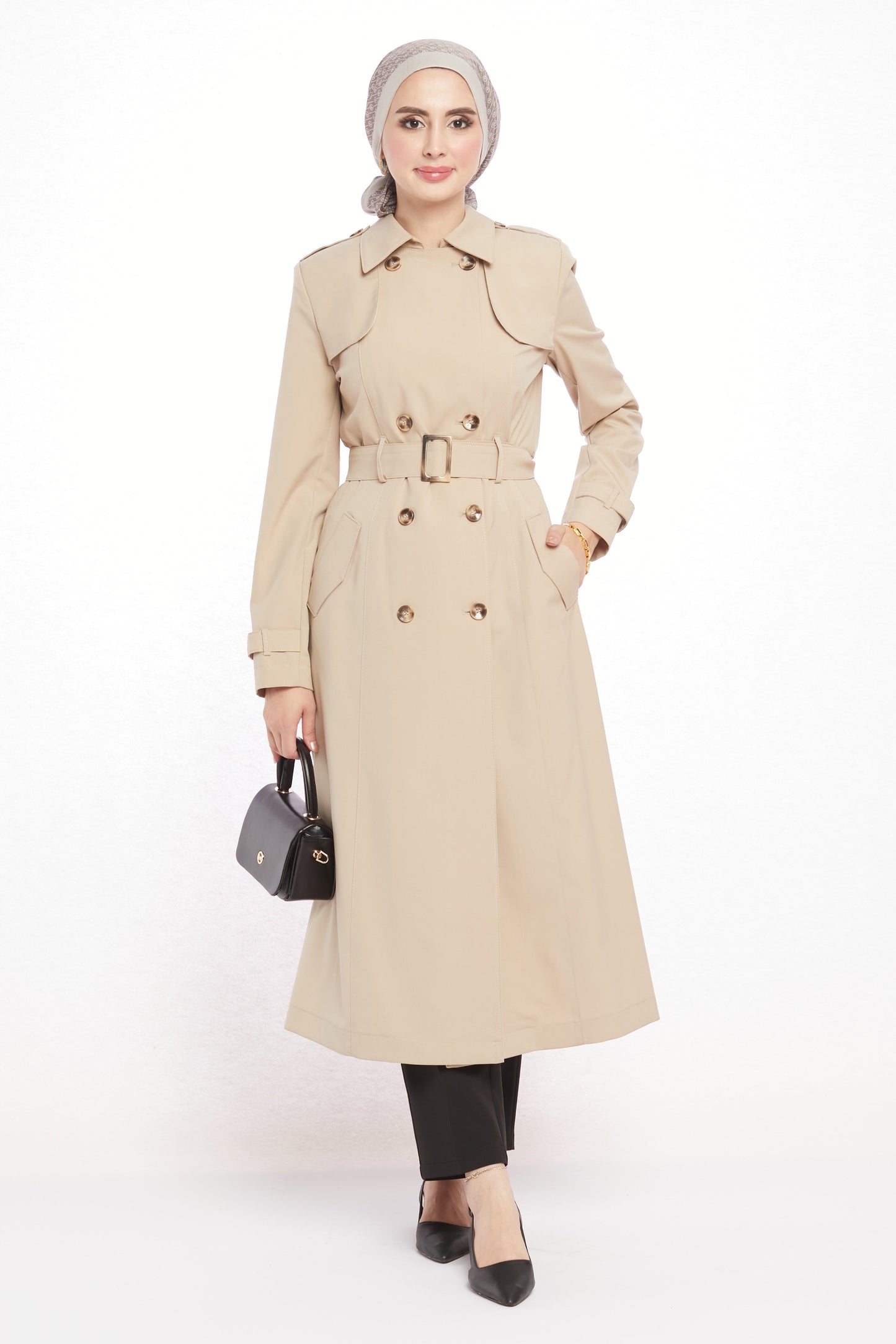 Polo Collar Epaulette and Belt Detail Trench Coat