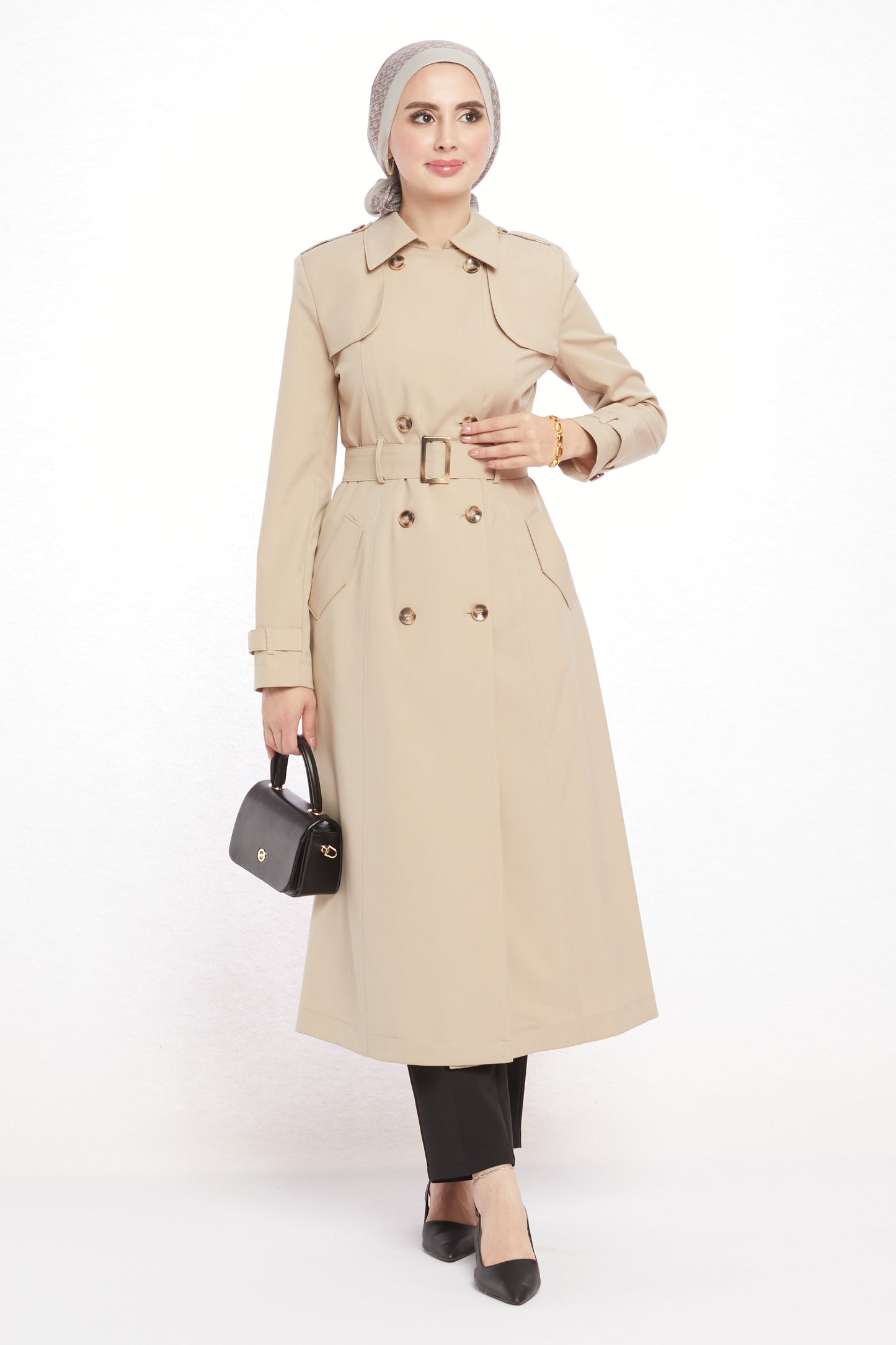 Polo Collar Epaulette and Belt Detail Trench Coat