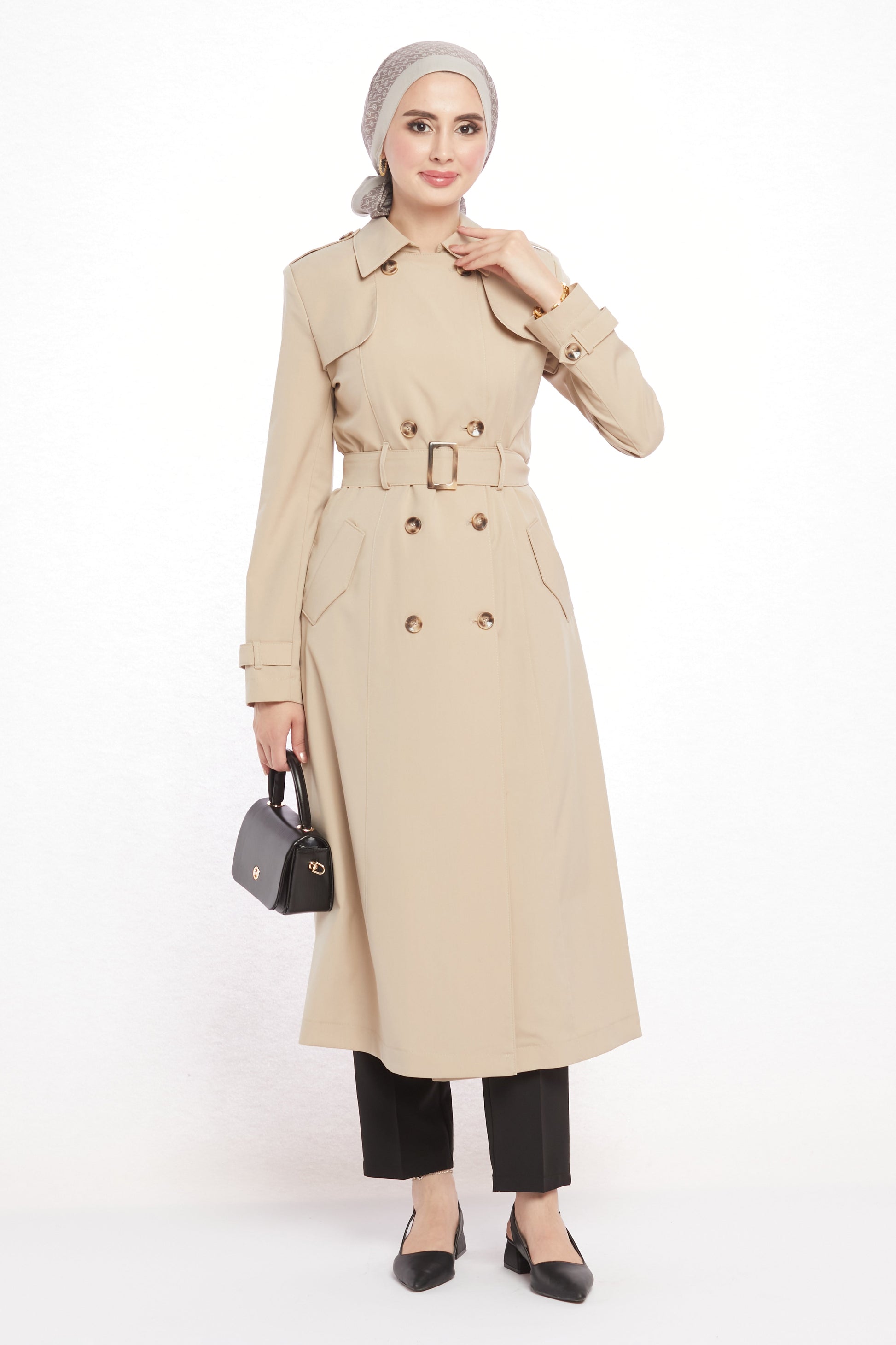 Polo Collar Epaulette and Belt Detail Trench Coat