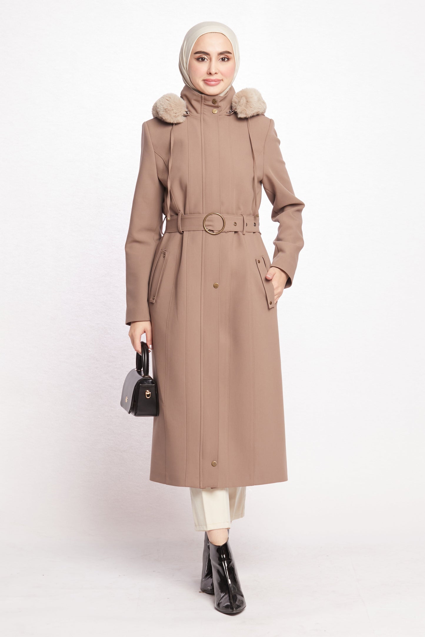 Hooded Faux Fur Trim Long Winter Coat