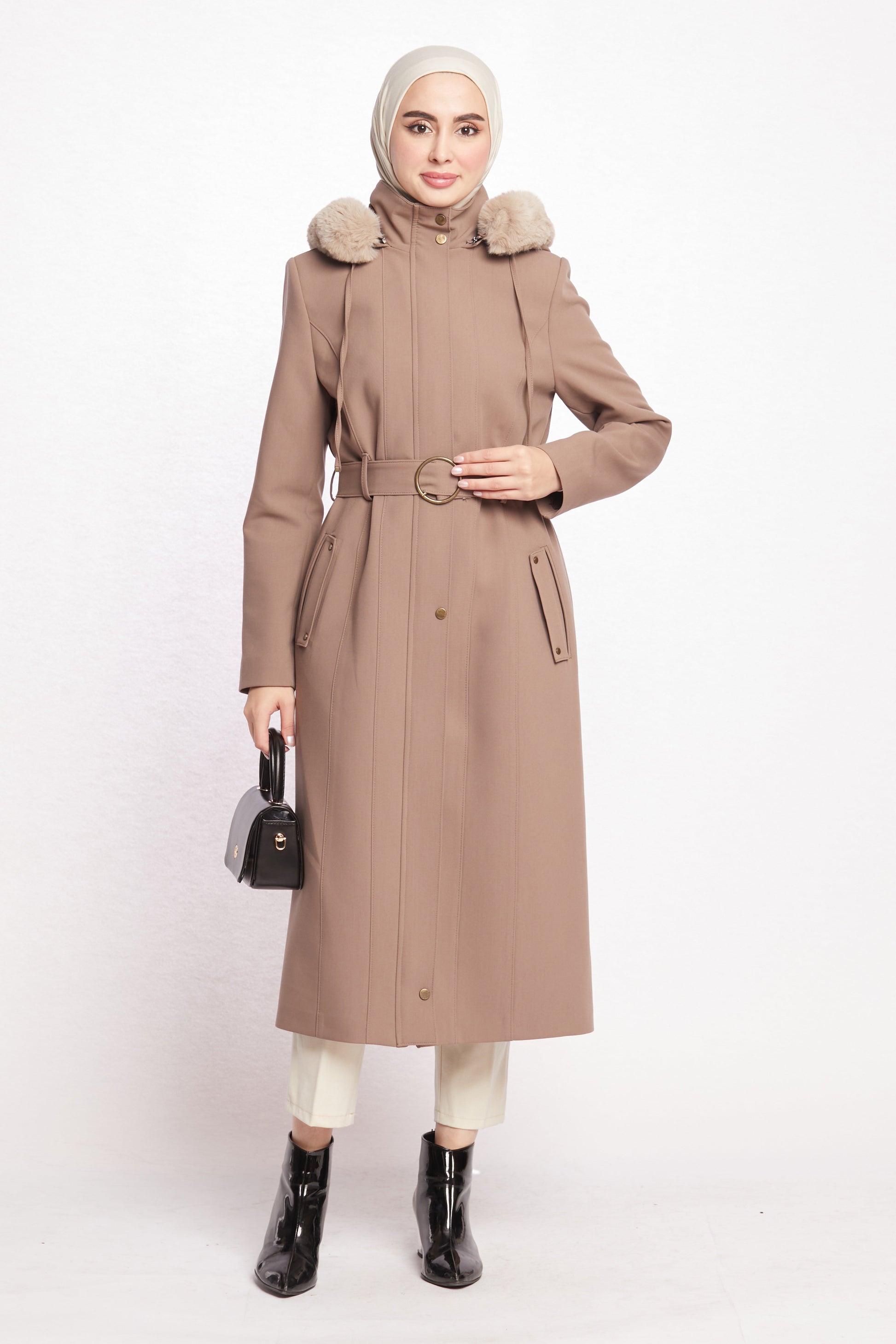 Hooded Faux Fur Trim Long Winter Coat