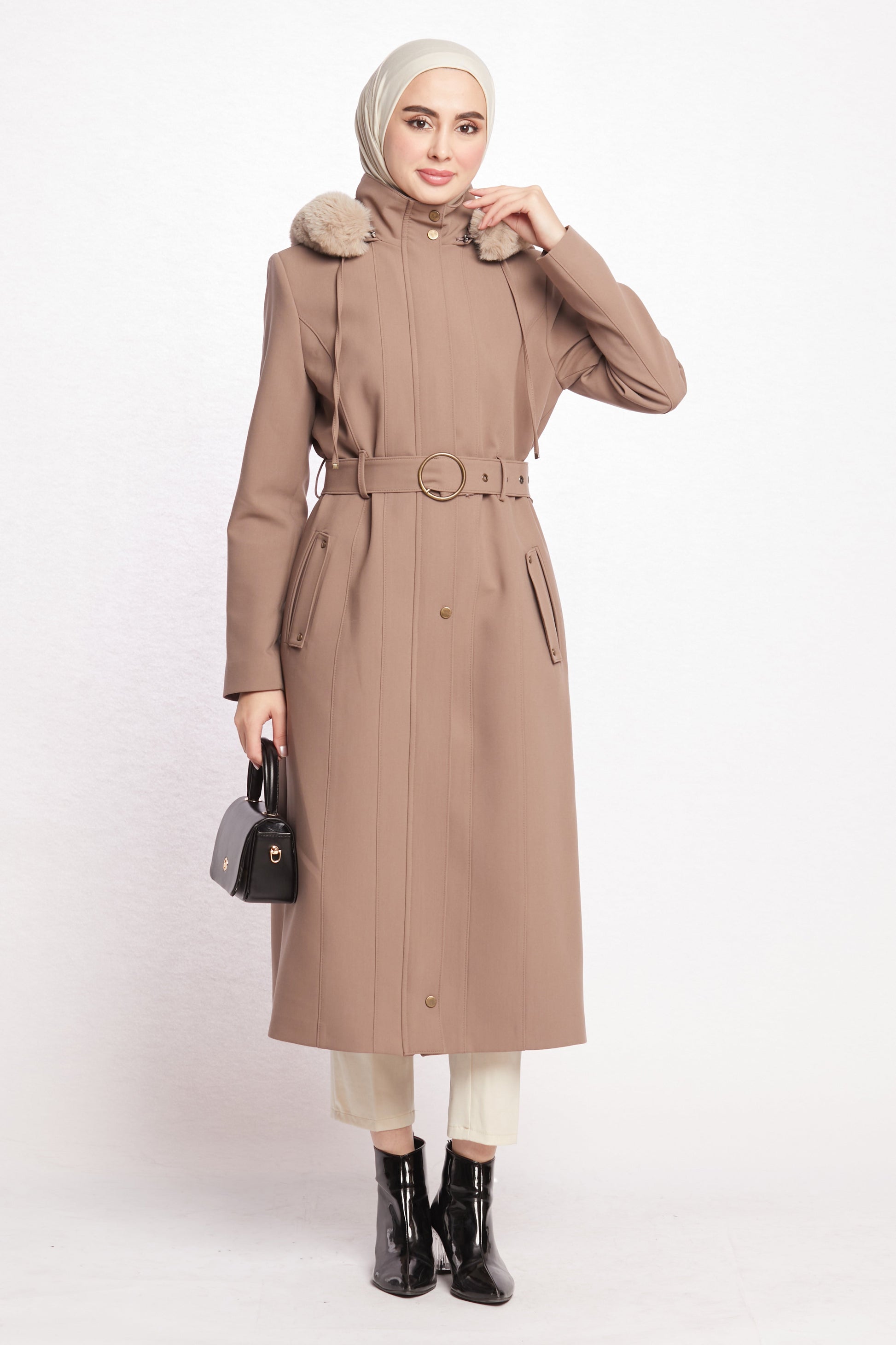 Hooded Faux Fur Trim Long Winter Coat